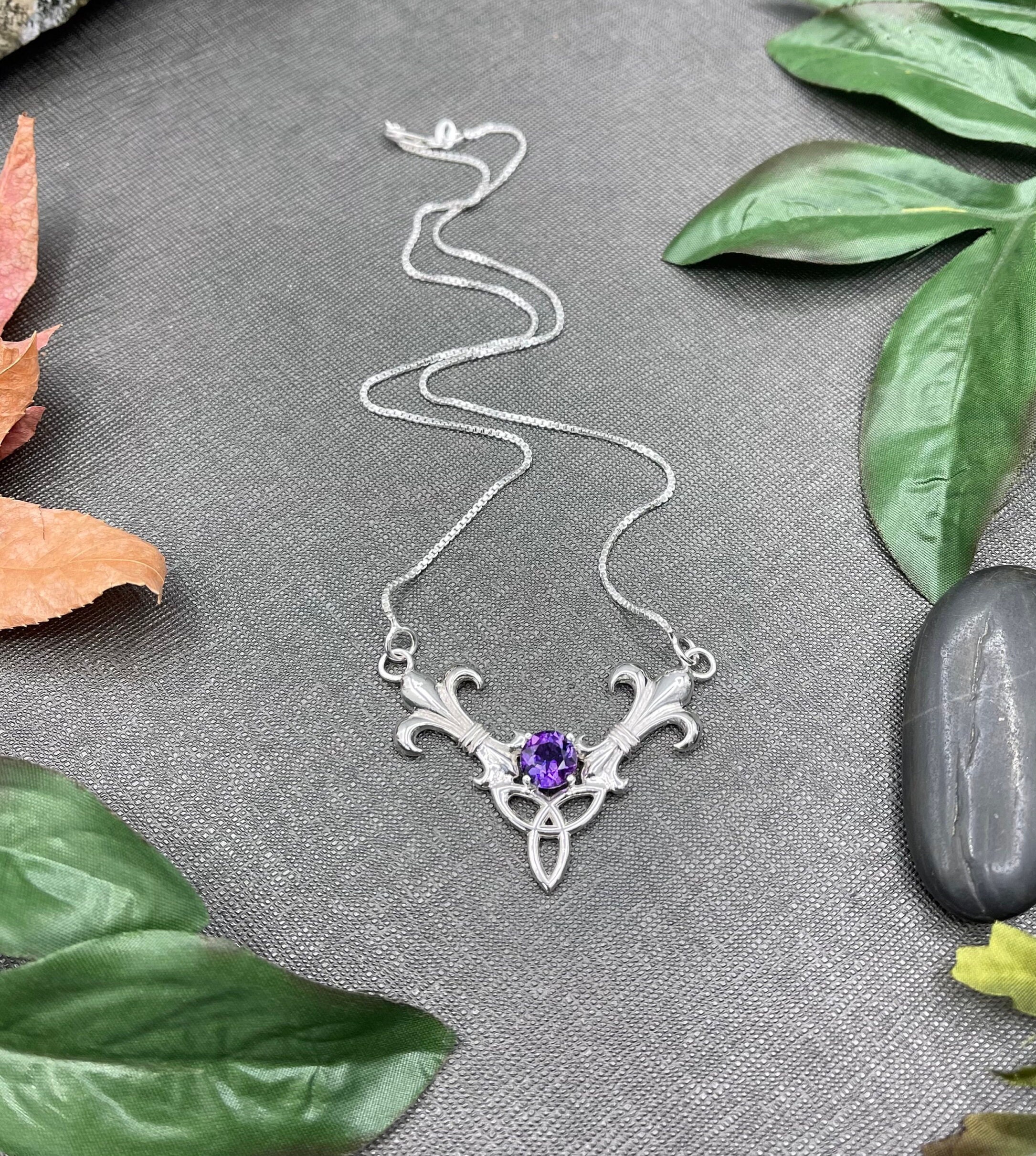 Celtic FleurDeLis Amethyst Necklace, Gifts For Her, Celtic Sapphire