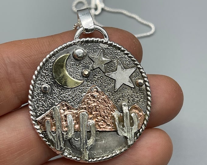 Southwest Nature Mix Metal Cactus Mountain Necklace, Gift For Her, Mixed Metal Sterling Silver, Copper, Gold, Nature Necklace, Hiking
