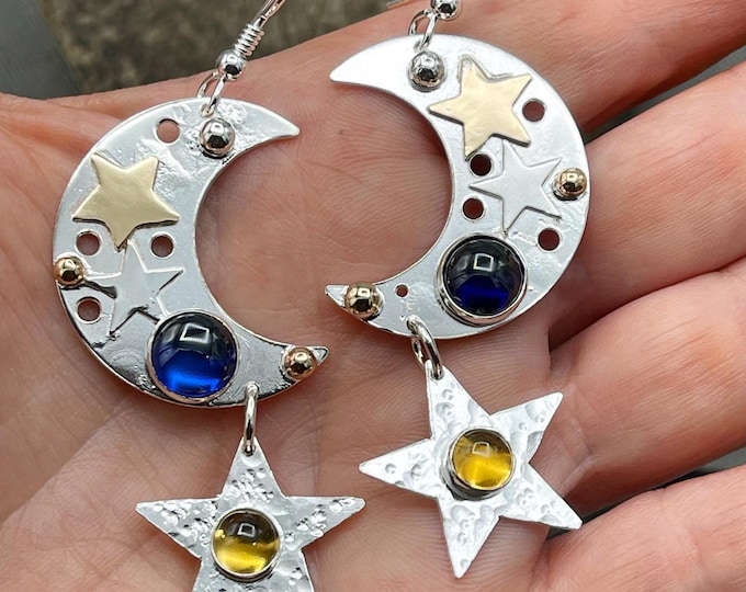Moon and Star Earrings Sterling Silver with 14K gold-filled Stars, Moonstone Sterling Silver Celestial Jewelry, Gifts For Her, Crescents