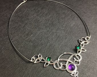 Irish Celtic Choker, Neck Ring in Sterling Silver, Celtic Neck Torc with Gemstones, Amethyst, Sapphire, Emerald Bohemian Victorian Chokers