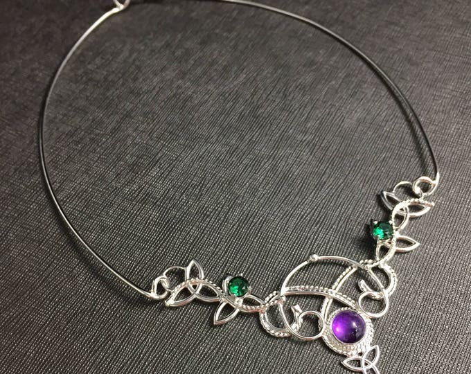 Irish Celtic Choker, Neck Ring in Sterling Silver, Celtic Neck Torc with Gemstones, Amethyst, Sapphire, Emerald Bohemian Victorian Chokers