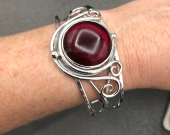 Sterling Silver Witchblade Style Bracelet, Artisan Boho Red Glass 25mm Cabochon, Statement Heavy Bracelet Cuff Large, Handmade Cuff Bracelet