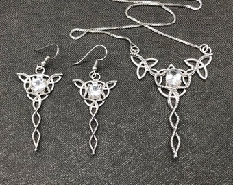 Sterling Silver Celtic Trinity Knot Necklace Earring Set, Emerald Jewelry, Scottish Wedding, Gifts For Her