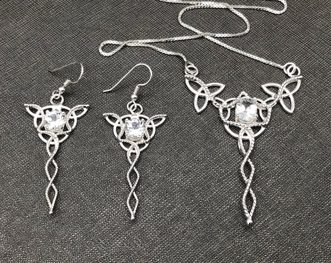 Sterling Silver Celtic Trinity Knot Necklace Earring Set, Emerald Jewelry, Scottish Wedding, Gifts For Her