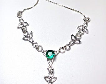 Sterling Silver Celtic 8mm Emerald Necklace, Irish Necklaces, Gifts For Her, Chandelier Jewelry, Drop Necklaces
