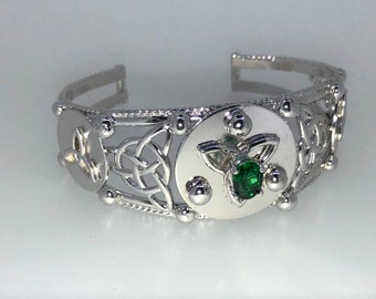 Sterling Silver Celtic Knot Bracelet: Irish Trinity Knot Cuff Bracelet, Emerald Irish Cuff Jewelry, Statement Bracelet, Gifts For Her
