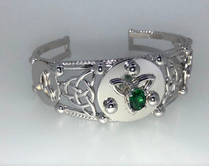 Sterling Silver Celtic Knot Bracelet: Irish Trinity Knot Cuff Bracelet, Emerald Irish Cuff Jewelry, Statement Bracelet, Gifts For Her