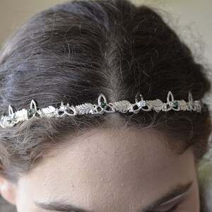 Gemstone Tiara Headpiece Sterling Silver, Woodland Wedding Tiara, Celtic Knot Gemstone Diadem, Renaissance Wedding Headband Emerald