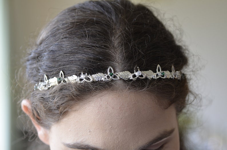 Gemstone Tiara Headpiece Sterling Silver, Woodland Wedding Tiara, Celtic Knot Gemstone Diadem, Renaissance Wedding Headband Emerald