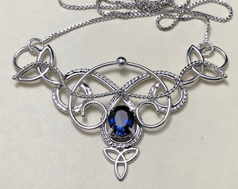 Celtic Sapphire Necklace in Sterling Silver, Norse Goddess Jewelry, Handmade Irish Wedding Necklace, Scottish Wedding Necklace, Gift For Her