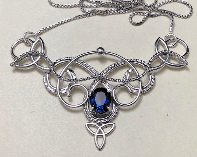 Celtic Sapphire Necklace in Sterling Silver, Norse Goddess Jewelry, Handmade Irish Wedding Necklace, Scottish Wedding Necklace, Gift For Her