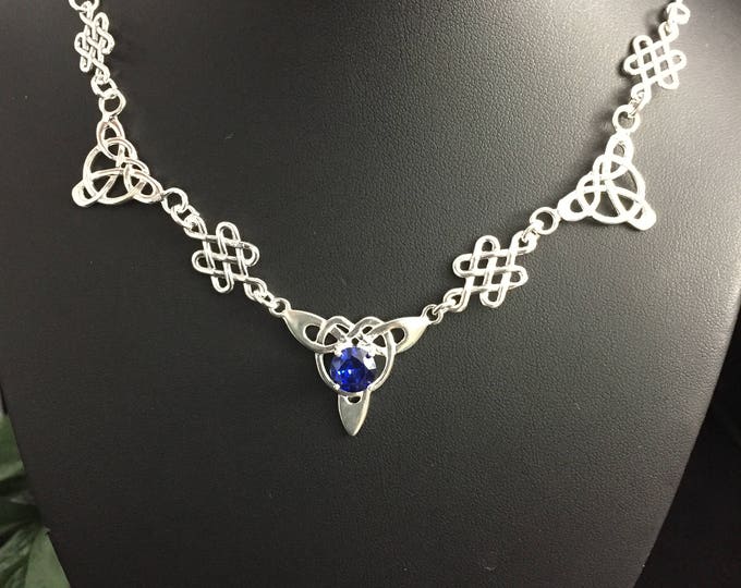Sterling Silver Celtic Trinity Knot Sapphire Necklace: Artisan Bohemian Irish Jewelry