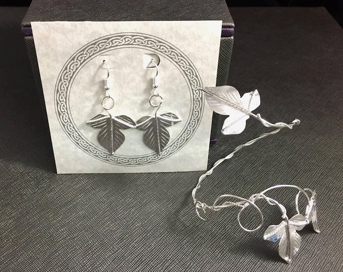 Leaf Bracelet Wrap with Leaf Earrings on Dangle Ear Wire Hooks, Autumn Leaf Earrings and Cuff, Ivy Handmade Leaf Earrings and Bracelet Set