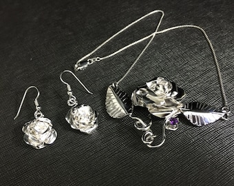 Rose Flower Necklace and Earrings in Sterling Silver, Artisan Rose Jewelry, Handmade Rose Earrings, Floral Jewelry, Gifts For Her