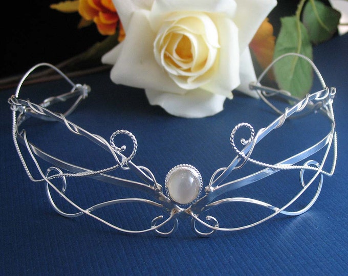 Moonstone Wedding Crown in Sterling Silver, Woodland Crown, Renaissance Crown in Sterling Silver with Cabochon Gemstone, OOAK