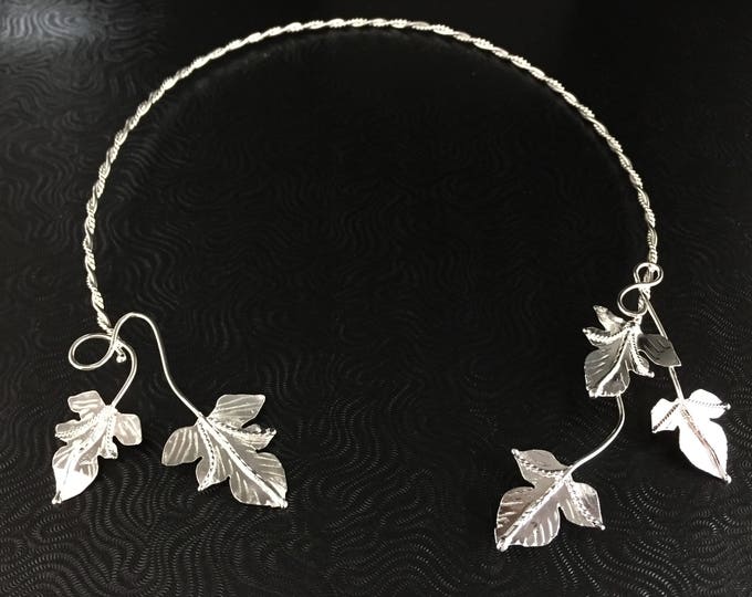 Woodland Leaf Ivy Neck Torc, Elvish Necklet, Boho Rustic Torc, Autumn Leaf Neck Torc, Sterling Silver Neck Jewelry Leaves and Gemstone