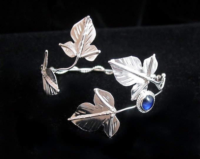 Woodland Wrap Leaf Gemstone Bracelet Cuff in Sterling Silver, Elvish Artisan Bracelet Cuff, Wrist Jewelry, Gifts for Her