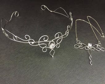 Elvish Bridal Jewelry Set: Sterling Silver Moonstone Circlet, Moonstone Necklace & Bracelet Cuff, Fantasy Wedding, Gifts For Her