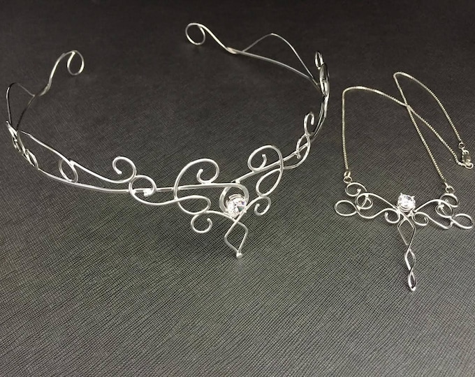 Elvish Bridal Jewelry Set: Sterling Silver Moonstone Circlet, Moonstone Necklace & Bracelet Cuff, Fantasy Wedding, Gifts For Her