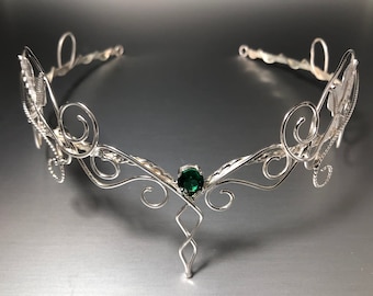 Handmade Sterling Silver Elvish Tiara with Emerald | Woodland Norse Pagan Goddess Circlet | Fantasy Wedding Gift, Goddess Headpiece, Artisan