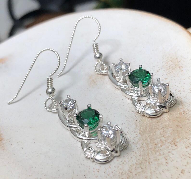 Irish Claddagh Emerald Necklace and Earring Set in Sterling Silver, Artisan Celtic Jewelry Set, Gifts For Her, White Topaz and Emeralds image 10