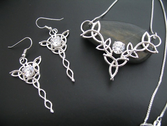 Sterling Silver Irish Earrings and Necklace Set, Celtic Necklace and Earrings with Topaz, Emerald, Sapphire, Gifts For Her