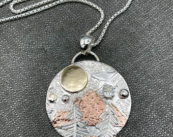 Mixed Metals Mountain Scene Necklace: Sterling Silver, Copper & 14K Gold, Rustic Pendant