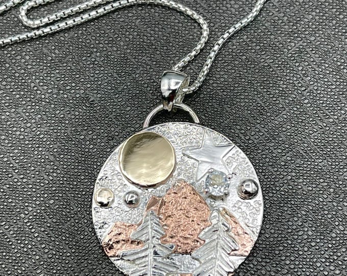 Mixed Metals Mountain Scene Necklace: Sterling Silver, Copper & 14K Gold, Rustic Pendant