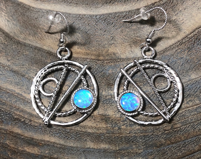 Blue Opal Circle Earrings in Sterling Silver, Celestial Earrings, Artisan Silver Circle Earrings, Eternity Circle Double Hoop Earrings