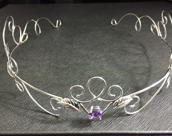 Elvish Fantasy Boho Amethyst Wedding Tiara in Sterling Silver, Renaissance Weddings, Forehead Jewelry, Hair Jewelry, Bridal Headpieces,