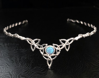 Blue Opal Celtic Knot Sterling Silver Circlet: Irish Bridal Headpiece, Gaelic Bride