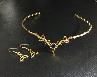 Handmade Celtic Wedding Tiara Set: 24K Gold-Plated Sterling Silver Knot Earrings and Circlet Bridal Set