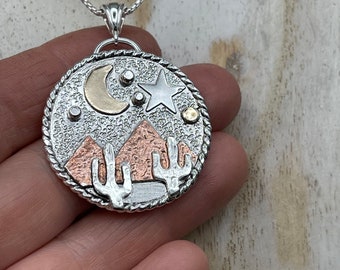 Tri-Metal Southwest Necklace: Sterling Silver, Copper, 14K Gold Cactus Mountain Pendant, Hiking, Adventure, Gifts For Her