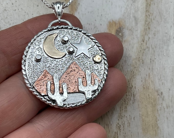 Tri-Metal Southwest Necklace: Sterling Silver, Copper, 14K Gold Cactus Mountain Pendant, Hiking, Adventure, Gifts For Her