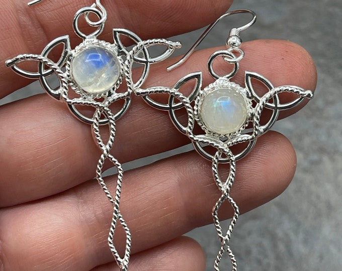 Irish Celtic Trinity Knot Earrings with Moonstones in Sterling Silver, Drop Celtic Trinity Knot Earrings, Boho Style Earrings Irish Earrings