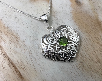 Sterling Silver Celtic Heart Necklace with Emerald: Irish Pendants, Gifts For Her