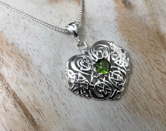 Sterling Silver Celtic Heart Necklace with Emerald: Irish Pendants, Gifts For Her