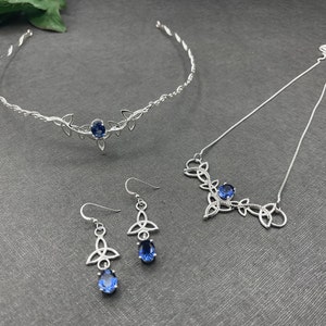 Celtic Knot Irish Wedding Jewelry Set in Sterling Silver, Celtic Tiara, Necklace, Celtic Earrings, Jewelry Set for Brides, Accessories Faceted Sapphire
