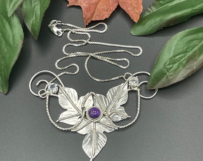 Woodland Leaf Moonstone Necklace in Sterling Silver, Artisan Faery Necklaces, Gifts For Her, Elvish Bohemian Renaissance Jewelry