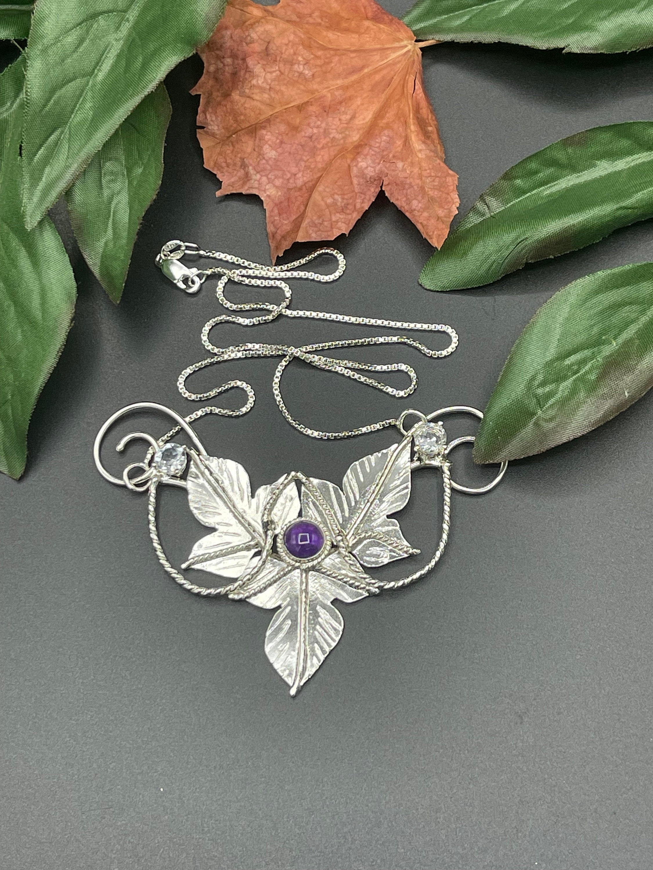 Woodland Leaf Moonstone Necklace in Sterling Silver Artisan Faery