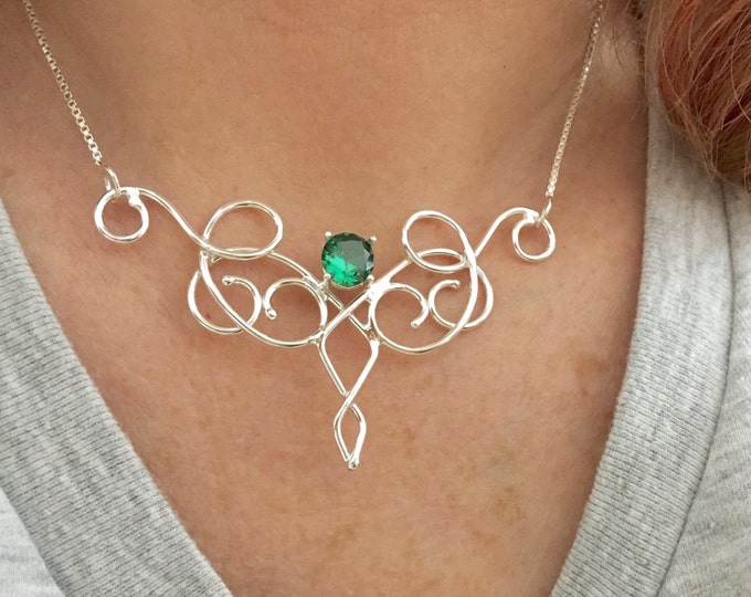 Bohemian Emerald Necklace Sterling Silver, Gifts For Her, Elvish Necklaces, Gifts For Her, Artisan Handmade