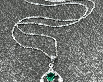Sterling Silver Claddagh Necklace with Emerald Gemstone, Gifts For Her, Irish Wedding