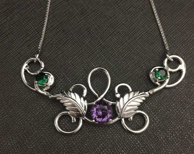 Woodland Leaf Elvish Necklace with Emerald and Amethyst in Sterling Silver, Bohemian Necklaces, Gifts For Her