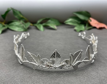 Handmade Sterling Silver Leaf Woodland Wedding Crown, Elvish Headpiece, Forest Leaves Diadem, Fantasy Wedding Headpiece