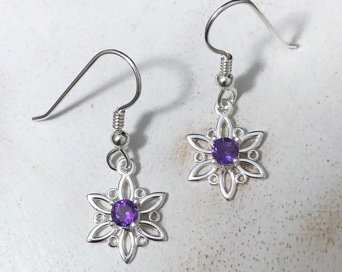 Petite Small Snowflake Amethyst Earrings in Sterling Silver, Gifts For Her, Winter Earrings with GemstonesCute Earr