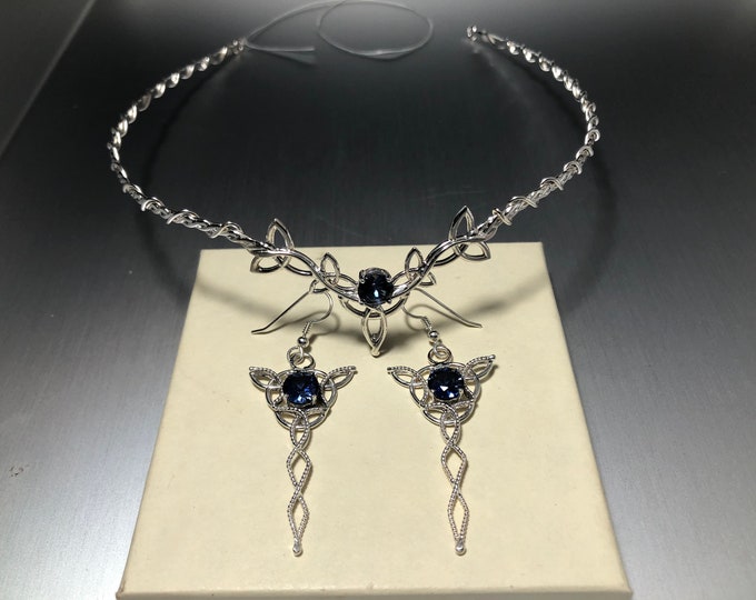 Celtic Knot Irish Emerald Wedding Bridal Tiara and Earring Jewelry Set, Sterling Silver Bridal Set, Celtic Wedding Accessories,