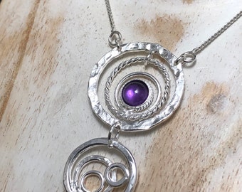 Hammered Sterling Silver Eternity Gemstone Necklace: Artisan Circle Pendant, Bohemian Jewelry, Gifts For Her