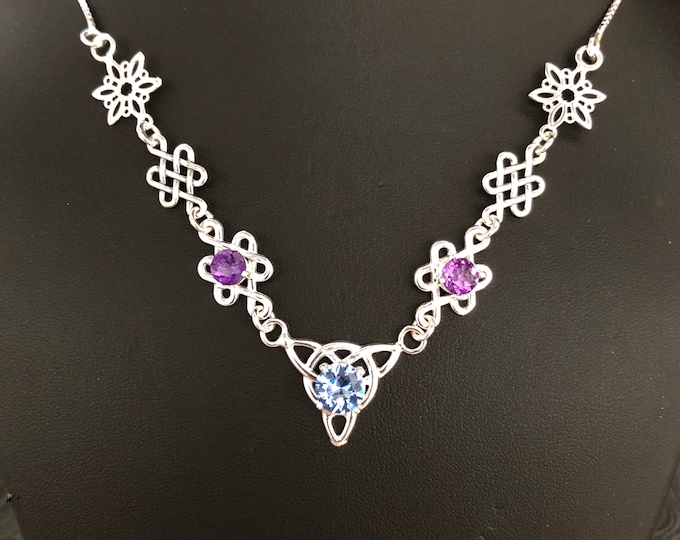 Celtic Knot Necklace Amethyst and Aquamarine in Sterling Silver, Scottish Necklaces, Irish Jewelry, Gifts for Her, Symbolic Jewelry