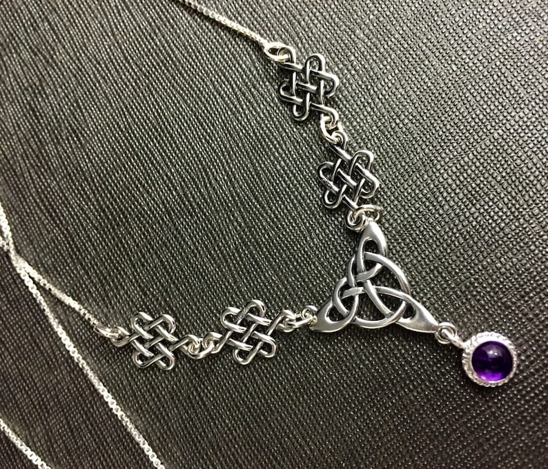 Celtic Knot Amethyst Necklace Sterling Silver With 16 Inch Box Chain Attached, Irish Bridal Necklace with 8mm Gemstone, Handmade 925, OOAK image 10