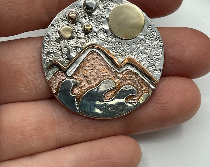 Mountain and Moon Ocean Waves Nature Landscape Necklace, Gift For Her, Sterling Silver, Copper, 14K Gold, Nature Necklace, Hiking, Rustic